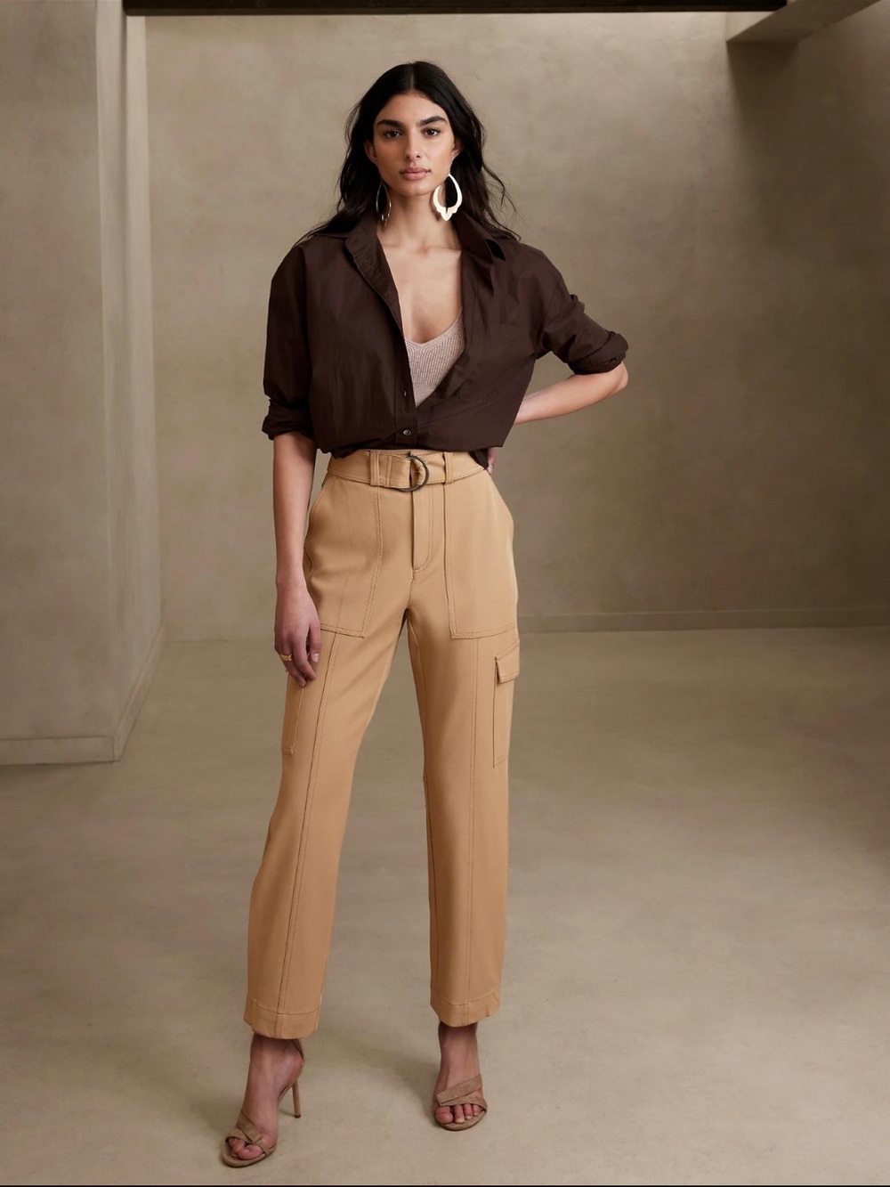 Banana Republic High-Rise Tan Cargo Utility Pants with Self-Tie Belt
